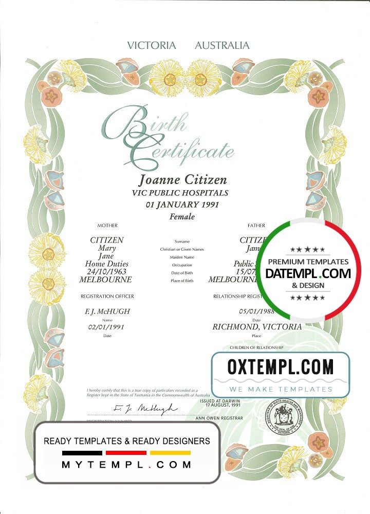 Australian Victoria state decorative (commemorative) birth certificate example in PSD format, fully editable