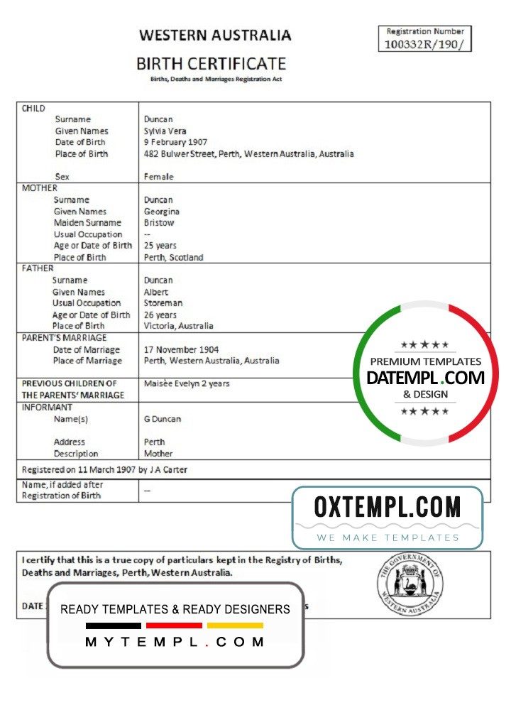 Australian Western Australian birth certificate example in Word format, version 1