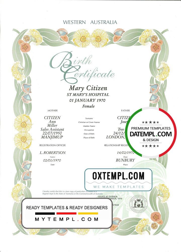 Australian Western Australian decorative (commemorative) birth certificate example in PSD format, fully editable