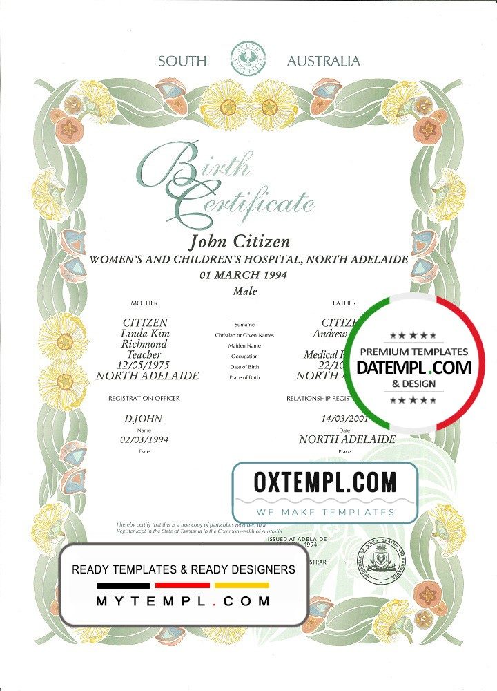 Australiann South Australian decorative (commemorative) birth certificate example in PSD format, fully editable