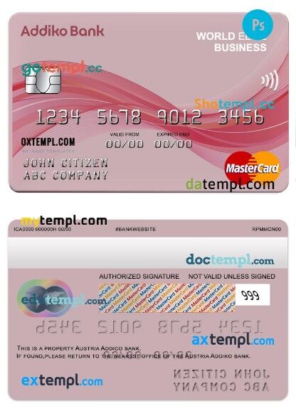 Austria Addiko bank world elite business mastercard template in PSD format