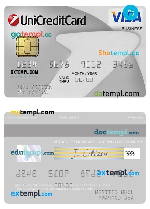 Austria UniCredit visa Classic business card template in PSD format