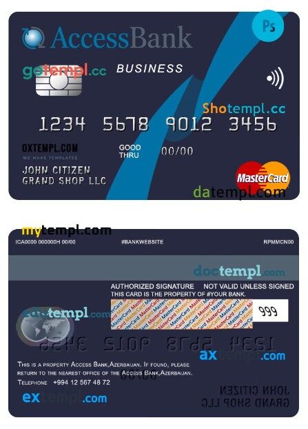 Azerbaijan Access bank business mastercard template in PSD format