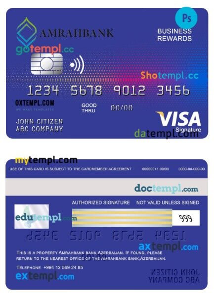 Azerbaijan Amrahbank business rewards visa Signature card template in PSD format