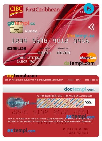 Bahamas FirstCaribbean International bank business cash back mastercard template in PSD format