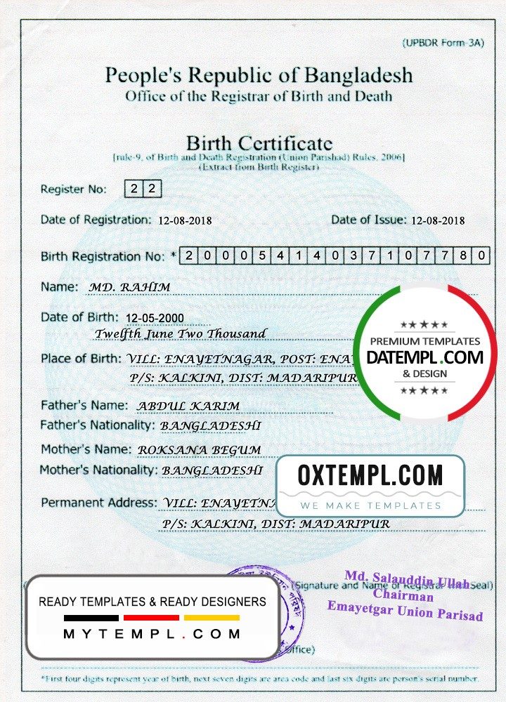 Bangladeshi Birth certificate example in PSD format, fully editable