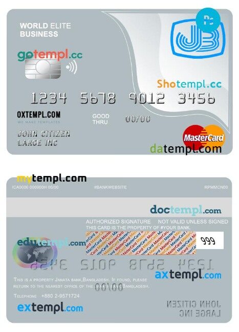 Bangladesh Janata bank world elite business mastercard template in PSD format