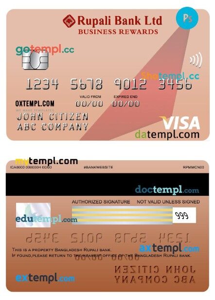 Bangladesh Rupali bank business rewards visa card template in PSD format