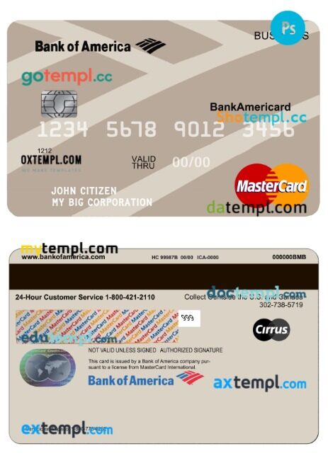Bank of America business mastercard template in PSD format