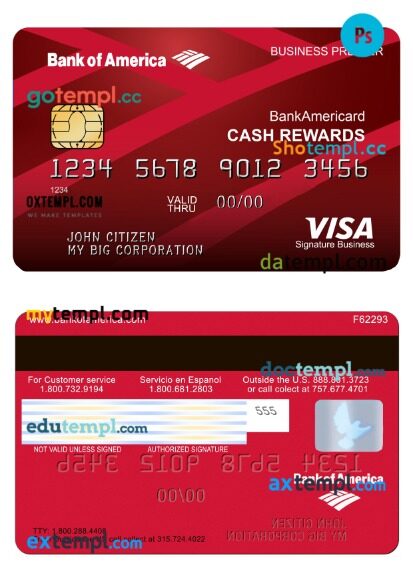 Bank of America visa signature business premier card template in PSD format
