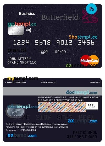 Barbados Butterfield bank business mastercard template in PSD format