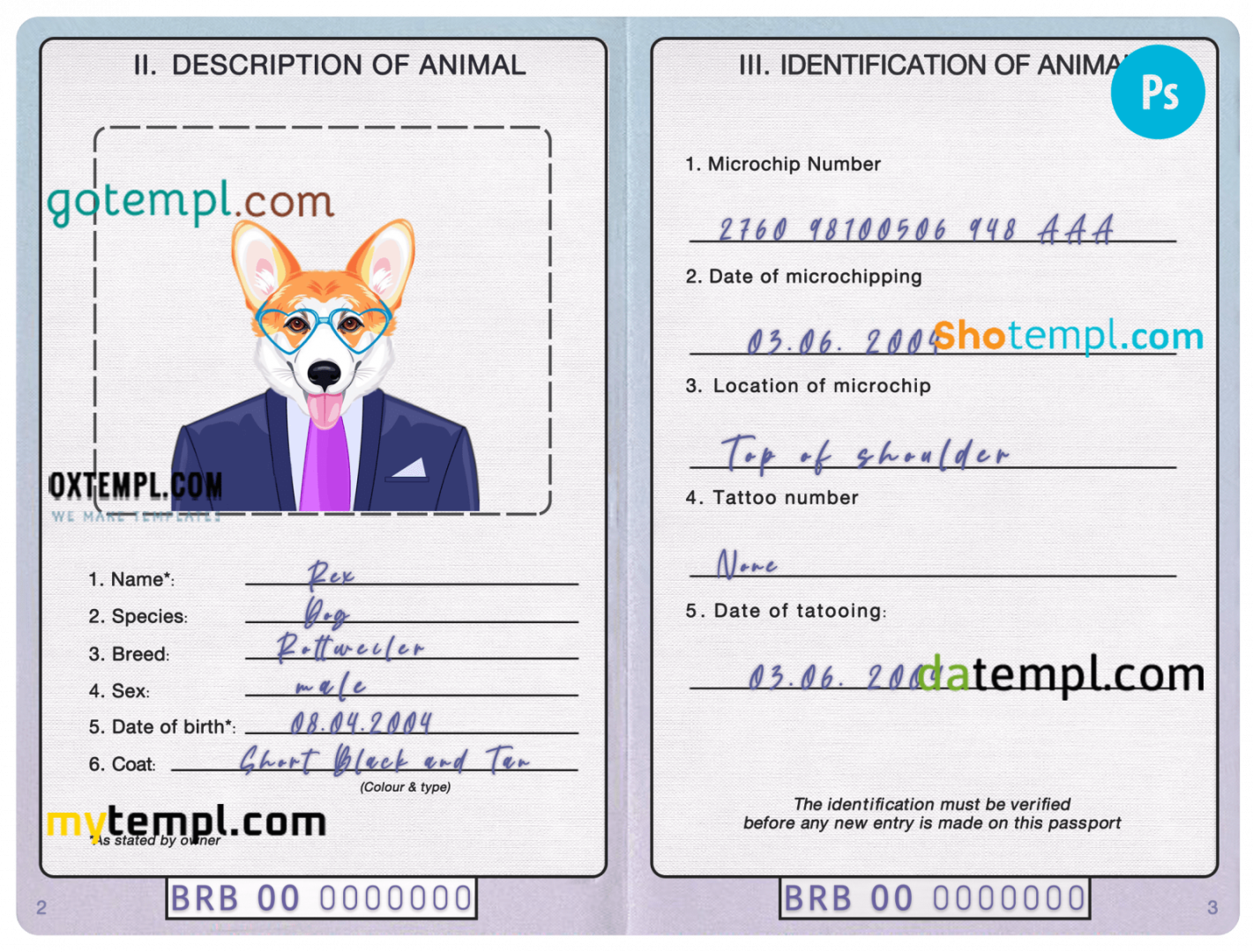 free download Barbadian dog (animal, pet) passport PSD example, fully editable