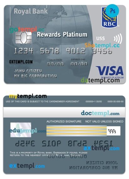Barbados Royal bank visa business platinum card template in PSD format