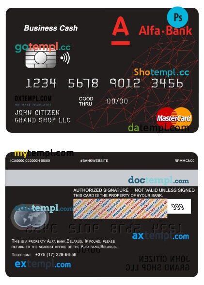Belarus Alfa bank Business Cash mastercard template in PSD format