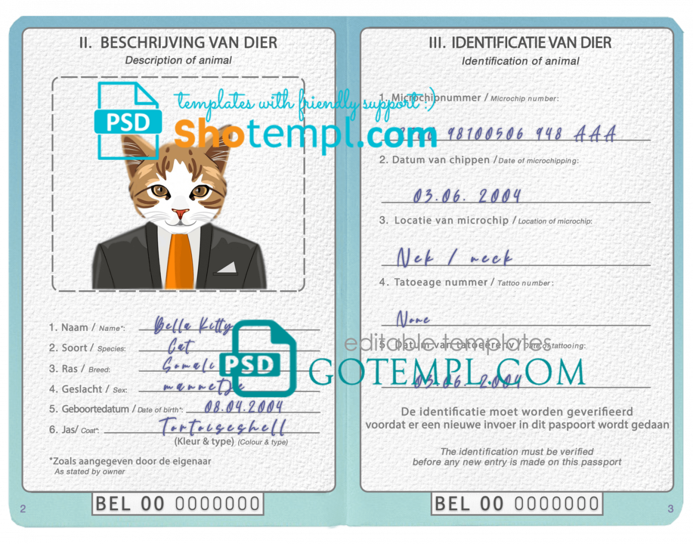 free download Belgian cat (animal, pet) passport PSD example, fully editable