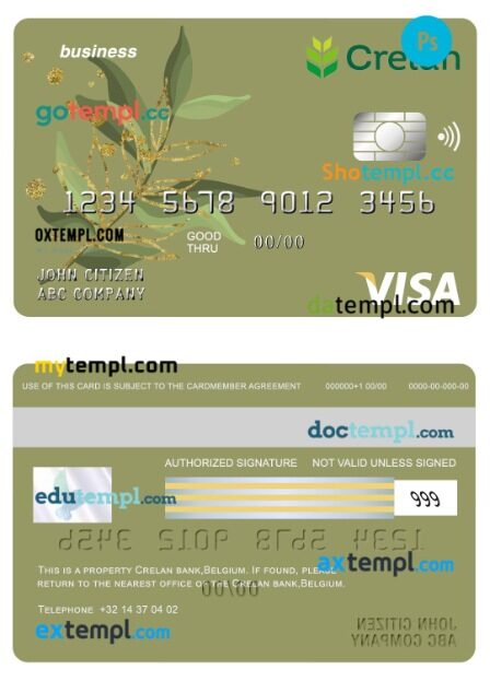 Belgium Crelan bank visa business card template in PSD format
