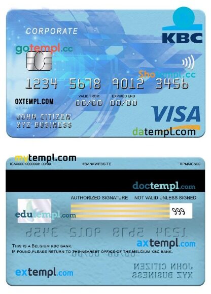Belgium KBC bank visa corporate card template in PSD format