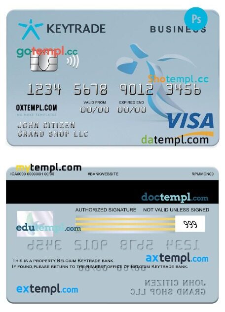 Belgium Keytrade bank visa business card template in PSD format
