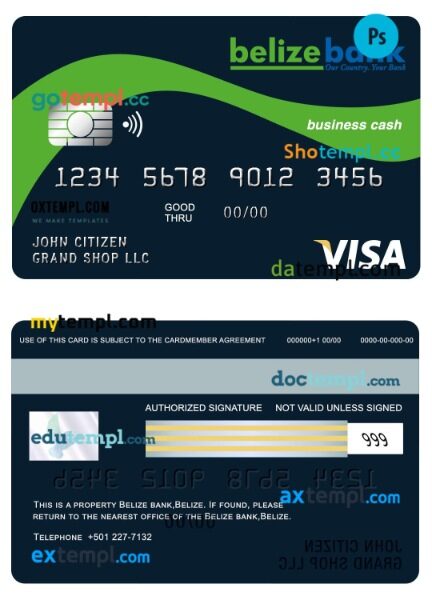 Belize Belizebank business cash visa card template in PSD format