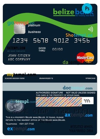 Belize Belizebank platinum business mastercard template in PSD format