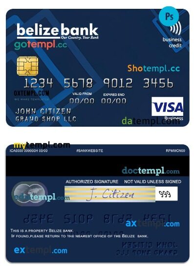 Belize Belizebank visa business credit card template in PSD format