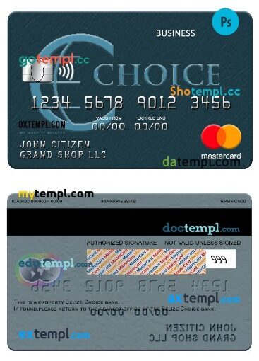 Belize Choice bank business mastercard template in PSD format