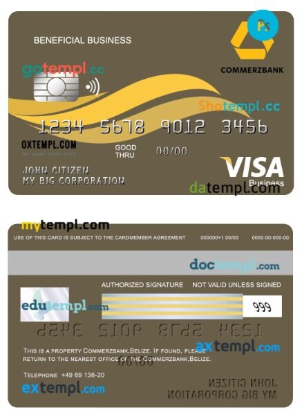 Belize Commerzbank beneficial business visa card template in PSD format