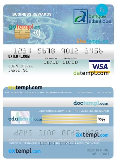 Benin Atlantique bank business rewards visa card template in PSD format