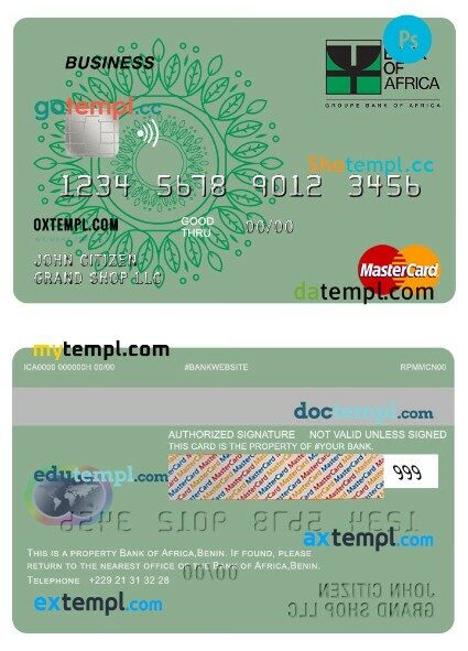 Benin Bank of Africa business mastercard template in PSD format