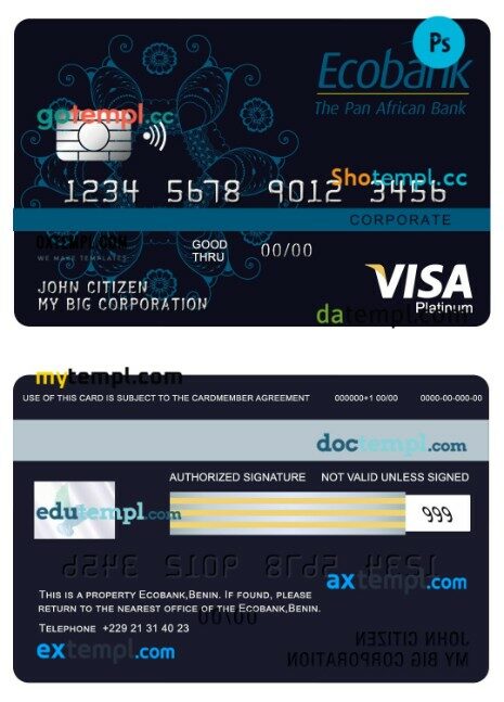 Benin Ecobank corporate visa platinum card template in PSD format