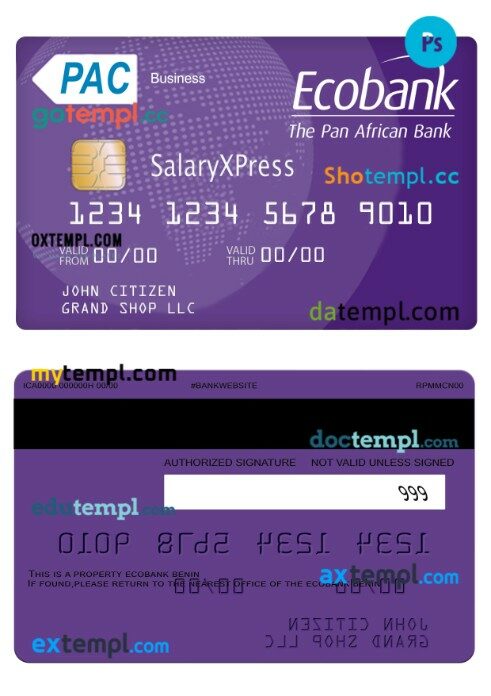 Benin Ecobank salaryxpress business visa card template in PSD format