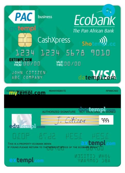 Benin Ecobank visa cashxpress business card template in PSD format