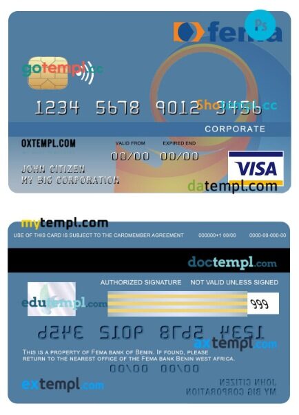 Benin Fema bank corporate visa card template in PSD format