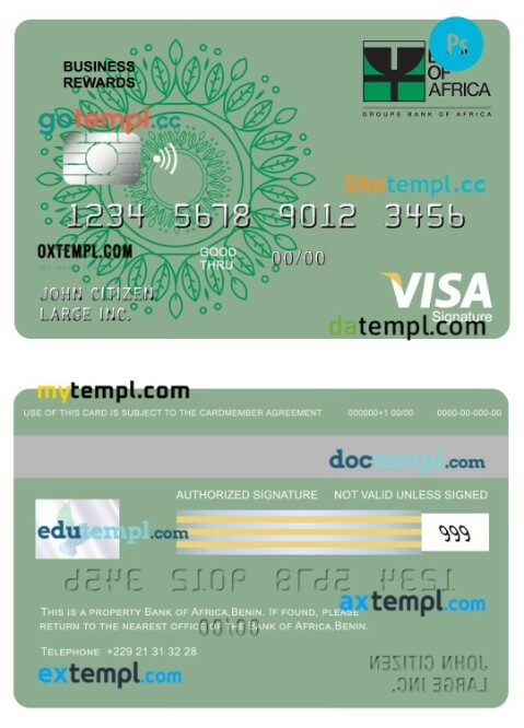 Benin bank of Africa business rewards visa card template in PSD format