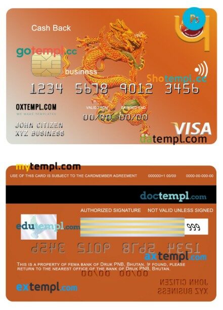Bhutan Druk PNB bank business cash back visa card template in PSD format