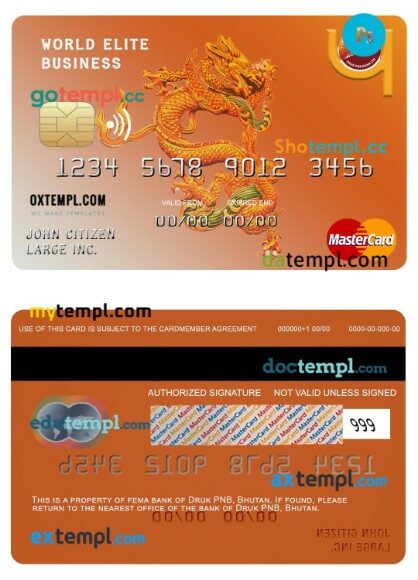 Bhutan Druk PNB bank world elite business mastercard template in PSD format