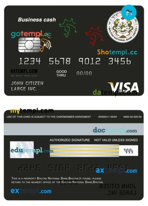 Bhutan National bank Bhutan business cash visa card template in PSD format
