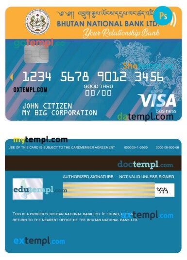 Bhutan National bank LTD business visa card template in PSD format