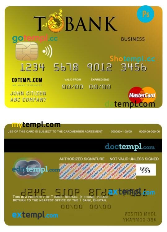 Bhutan T bank business mastercard template in PSD format