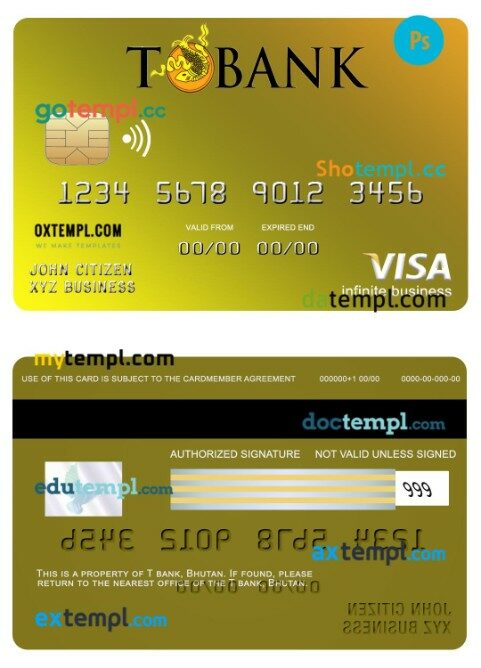 Bhutan T bank infinite business visa card template in PSD format