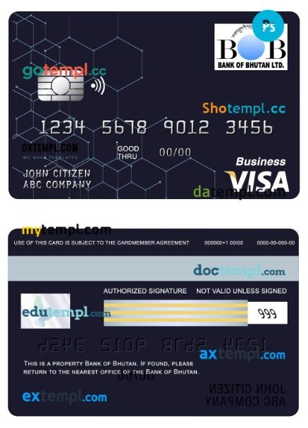 Bhutan bank of Bhutan visa business card template in PSD format