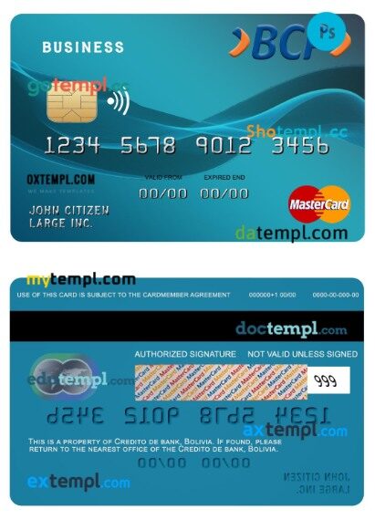 Bolivia Credito De bank business mastercard template in PSD format