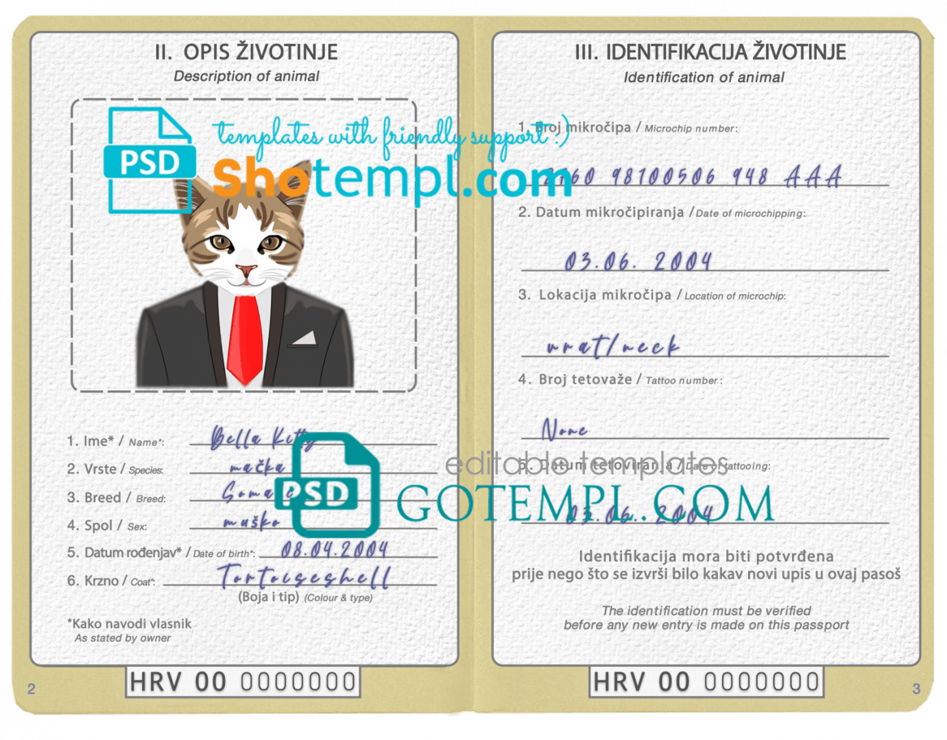 free download Bosnian cat (animal, pet) passport PSD example, fully editable