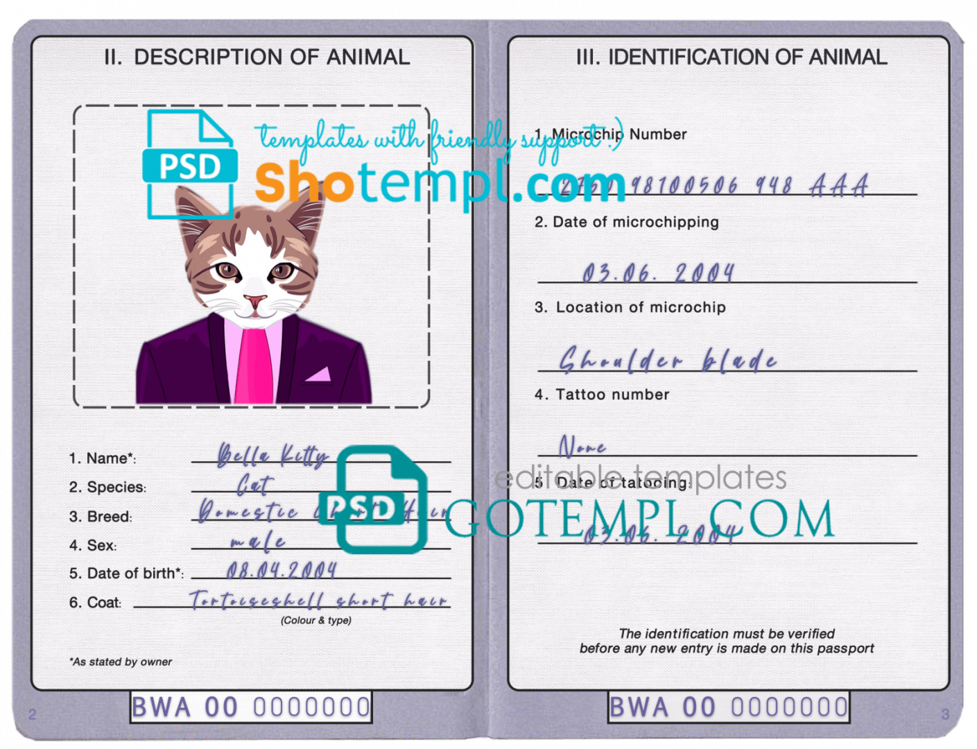 free download Botswana cat (animal, pet) passport PSD example, fully editable