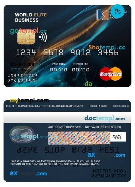 Botswana Savings bank world elite business mastercard template in PSD format