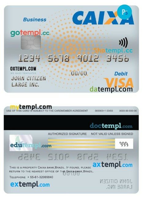 Brazil Caixa bank business visa debit card template in PSD format