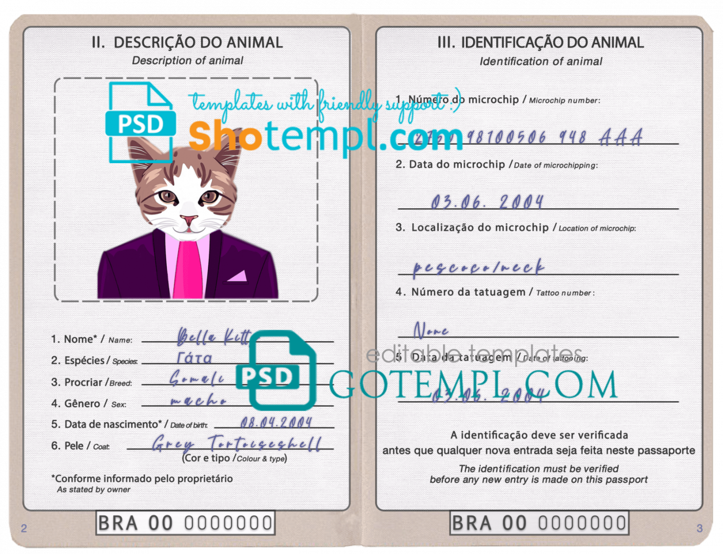 free download Brazilian cat (animal, pet) passport PSD example, completely editable