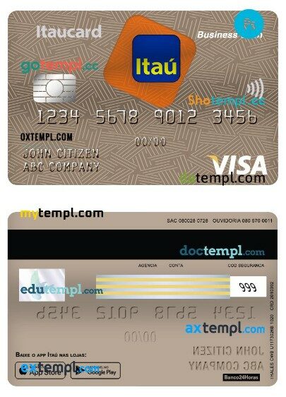 Brazil Itaú bank Business cash visa debit card template in PSD format