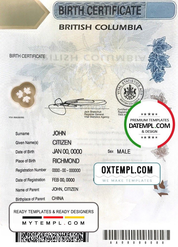Canadian British Columbia Birth Certificate example in PSD format