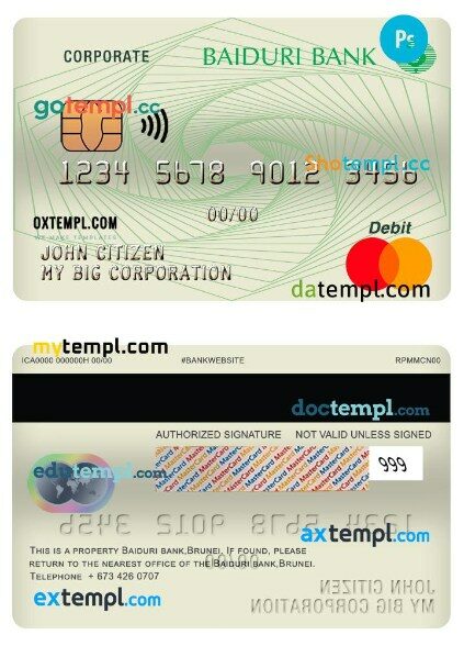 Brunei Baiduri bank corporate mastercard template in PSD format